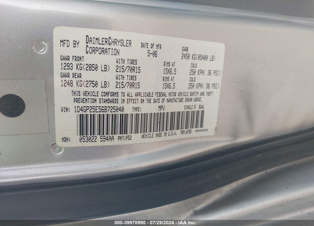 2006 DODGE CARAVAN SE VIN: 1D4GP25E56B725040