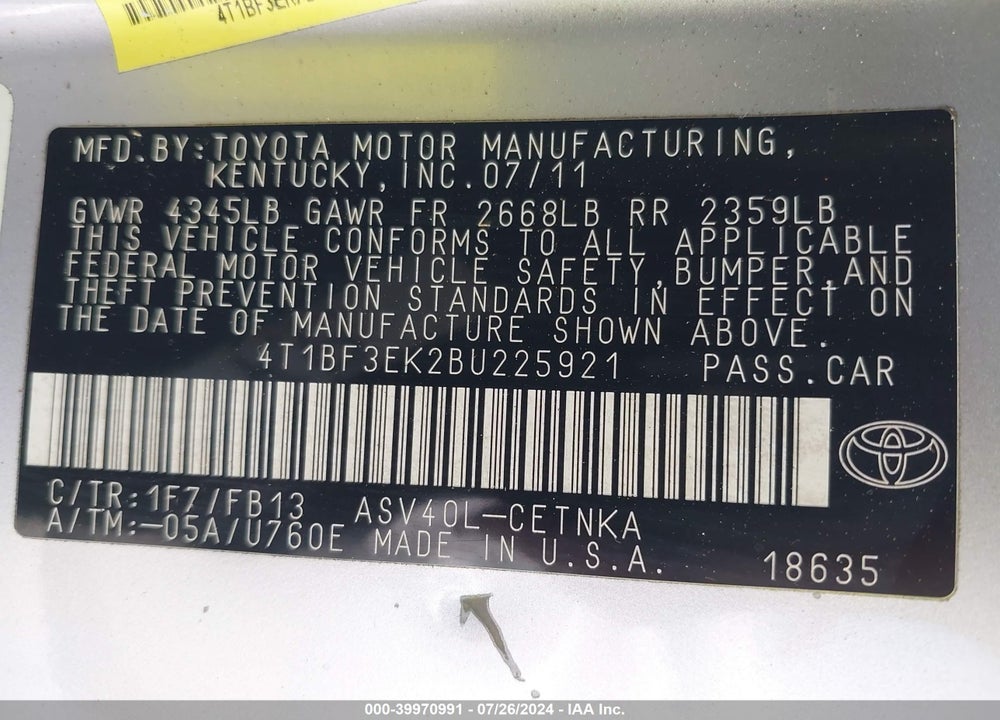 2011 TOYOTA CAMRY LE/SE/XLE VIN: 4T1BF3EK2BU225921