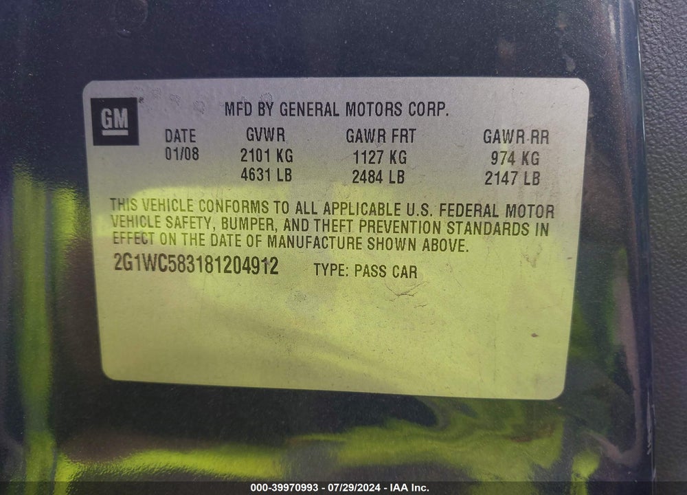 2008 CHEVROLET IMPALA LT VIN: 2G1WC583181204912