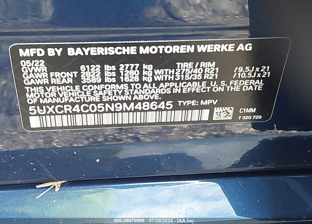 2022 BMW X5 SDRIVE40I VIN: 5UXCR4C05N9M48645