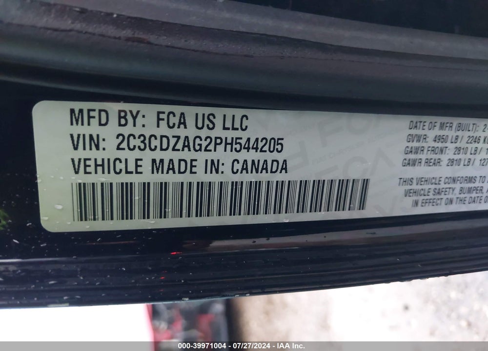 2023 DODGE CHALLENGER SXT VIN: 2C3CDZAG2PH544205