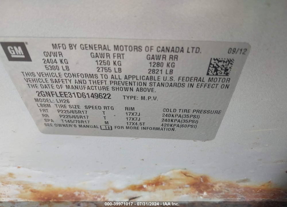 2013 CHEVROLET EQUINOX 1LT VIN: 2GNFLEE31D6149622