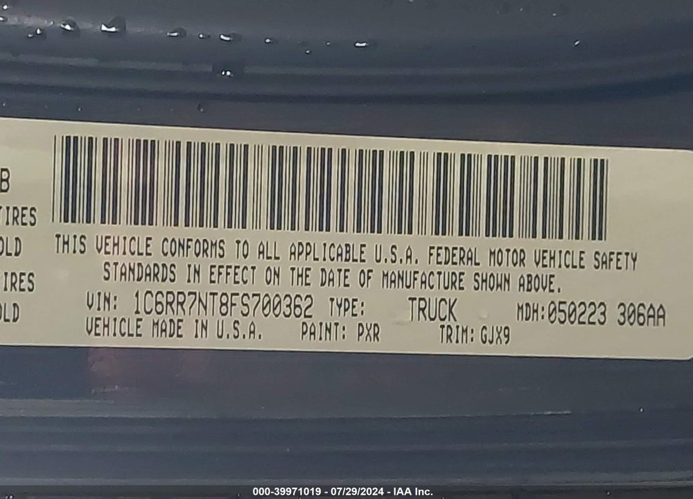 2015 RAM 1500 LAIE VIN: 1C6RR7NT8FS700362