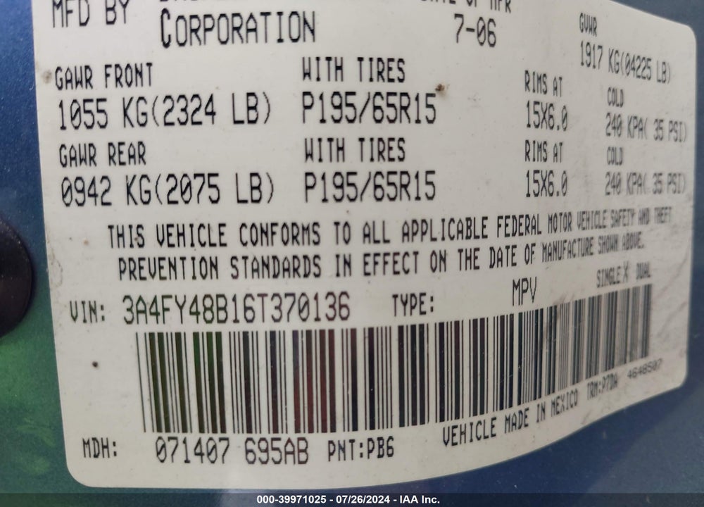 2006 CHRYSLER PT CRUISER VIN: 3A4FY48B16T370136