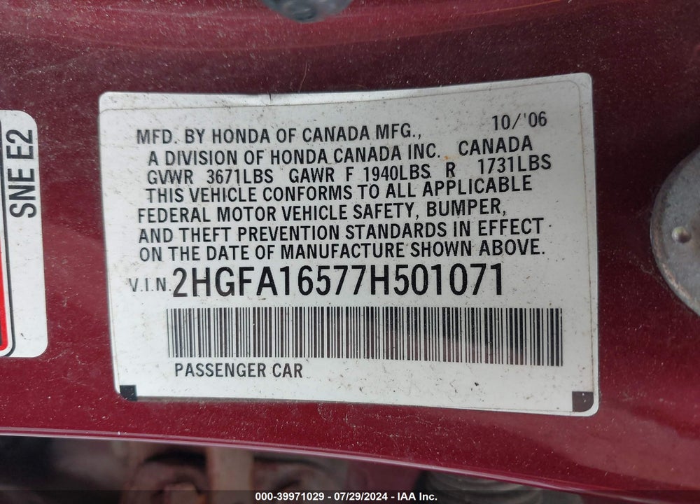 2007 HONDA CIVIC LX VIN: 2HGFA16577H501071