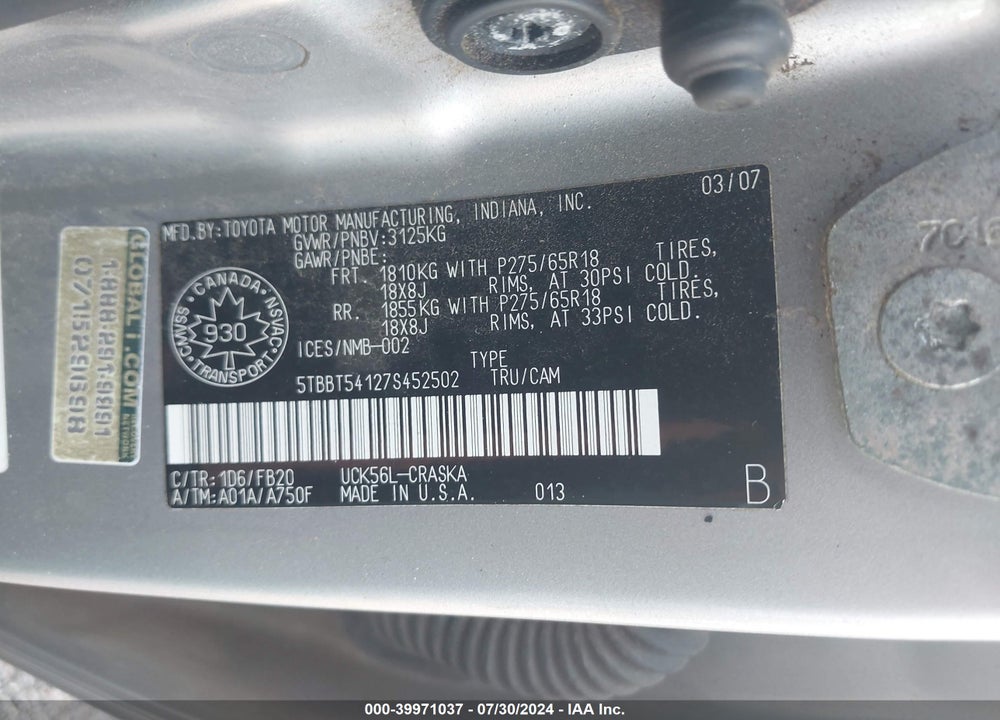 2007 TOYOTA TUNDRA SR5 4.7L V8 VIN: 5TBBT54127S452502