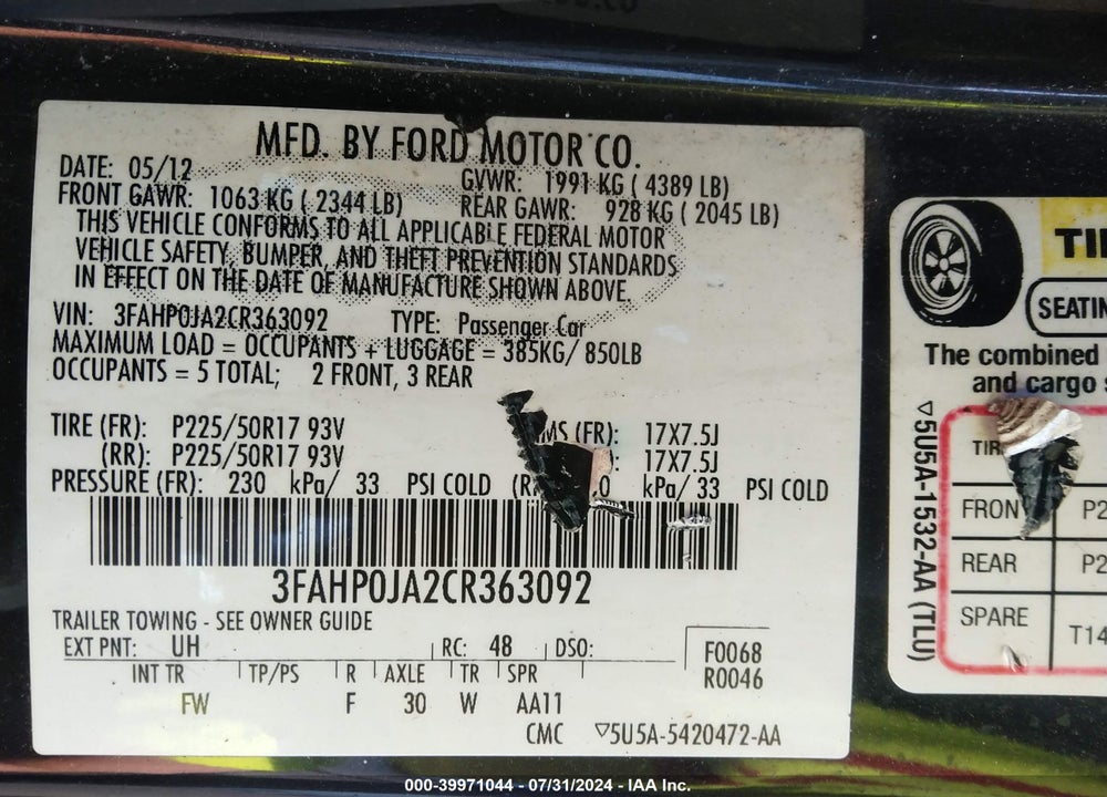 2012 FORD FUSION SEL VIN: 3FAHP0JA2CR363092