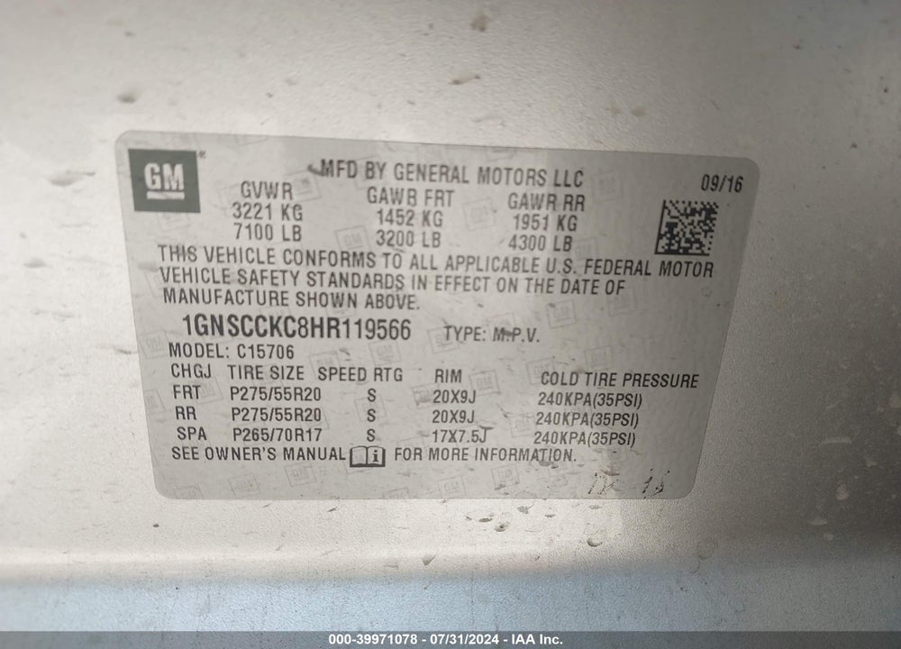 2017 CHEVROLET TAHOE PREMIER VIN: 1GNSCCKC8HR119566