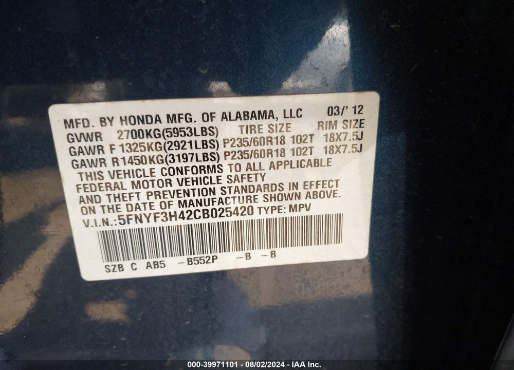 2012 HONDA PILOT EX VIN: 5FNYF3H42CB025420
