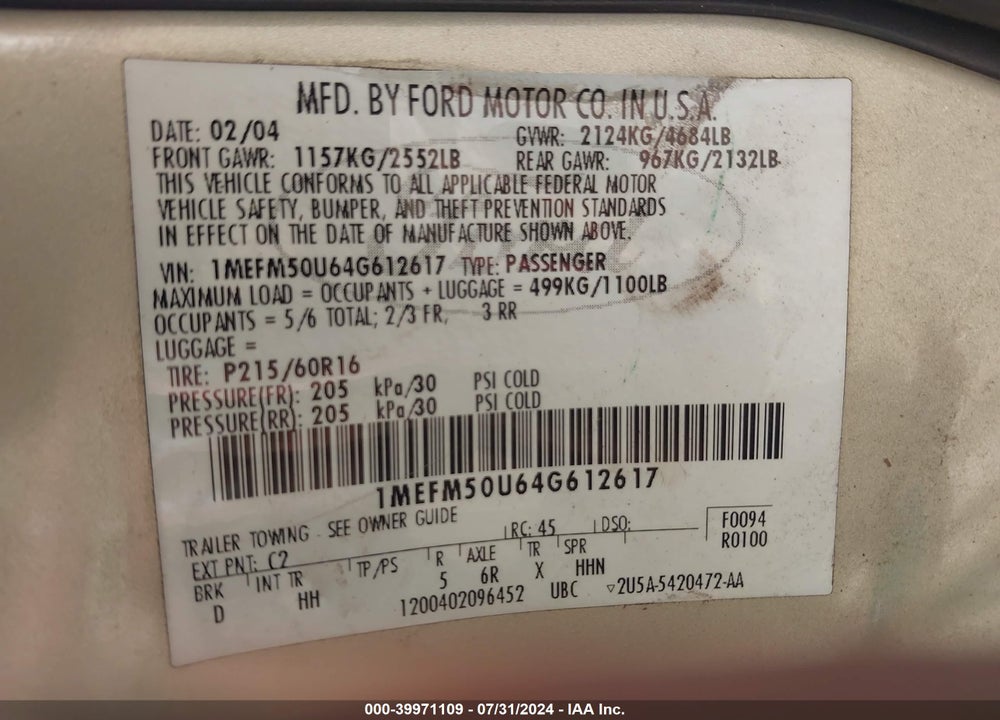 2004 MERCURY SABLE GS VIN: 1MEFM50U64G612617
