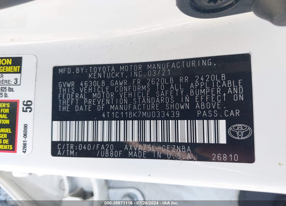 2021 TOYOTA CAMRY LE AWD VIN: 4T1C11BK7MU033439