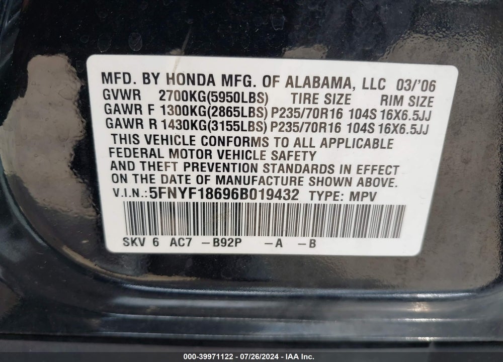 2006 HONDA PILOT EX-L VIN: 5FNYF18696B019432