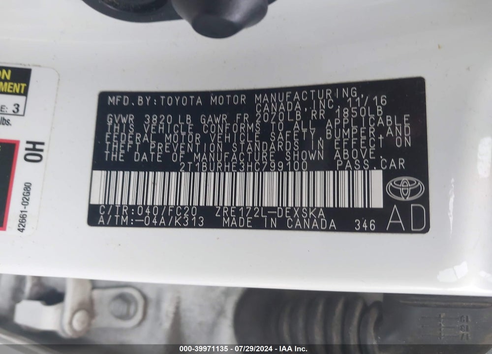 2017 TOYOTA COROLLA SE VIN: 2T1BURHE3HC799100