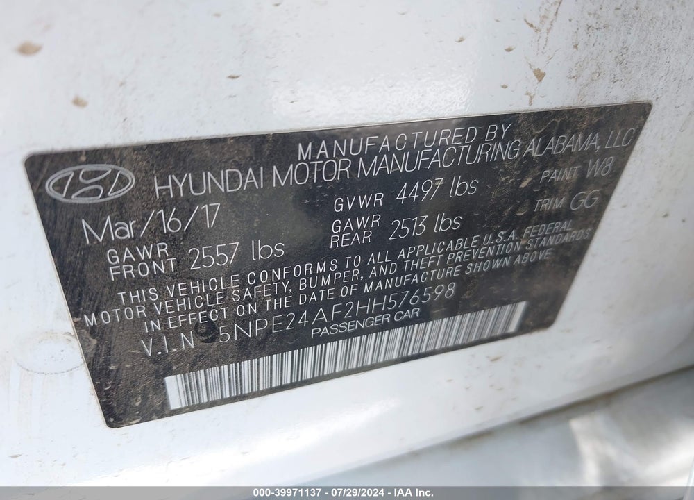 2017 HYUNDAI SONATA VIN: 5NPE24AF2HH576598