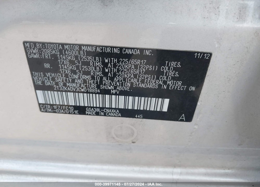 2012 TOYOTA RAV4 BASE V6 VIN: 2T3ZK4DV3CW018894