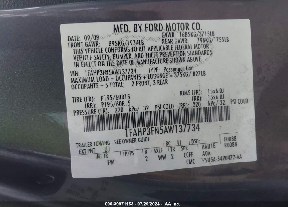2010 FORD FOCUS SE VIN: 1FAHP3FN5AW137734