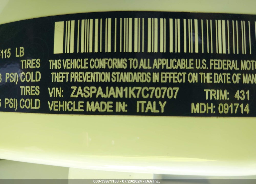 2019 ALFA ROMEO STELVIO RWD VIN: ZASPAJAN1K7C70707