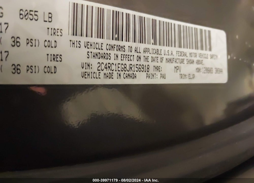 2018 CHRYSLER PACIFICA TOURING L PLUS VIN: 2C4RC1EG8JR156918