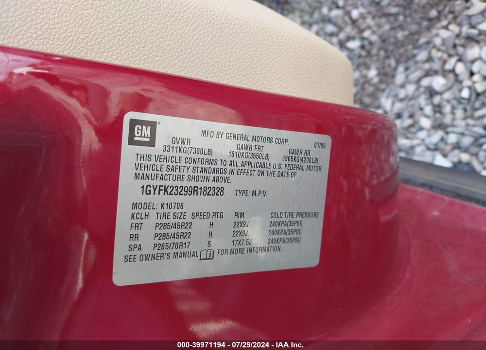 2009 CADILLAC ESCALADE STANDARD VIN: 1GYFK23299R182328