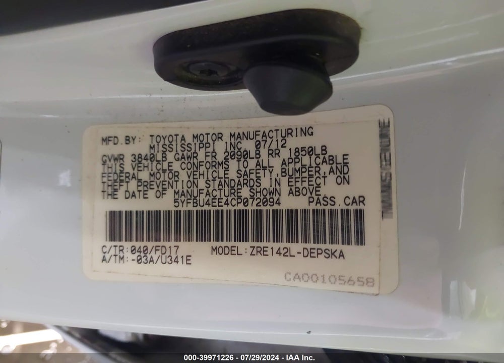 2012 TOYOTA COROLLA S VIN: 5YFBU4EE4CP072094