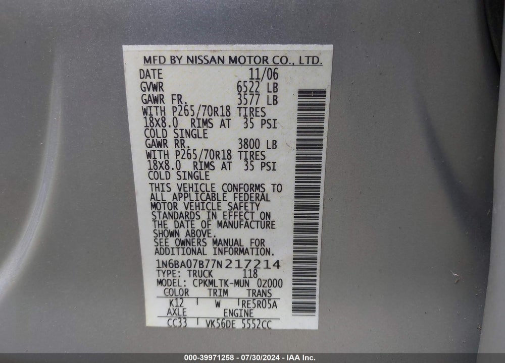 2007 NISSAN TITAN SE VIN: 1N6BA07B77N217214
