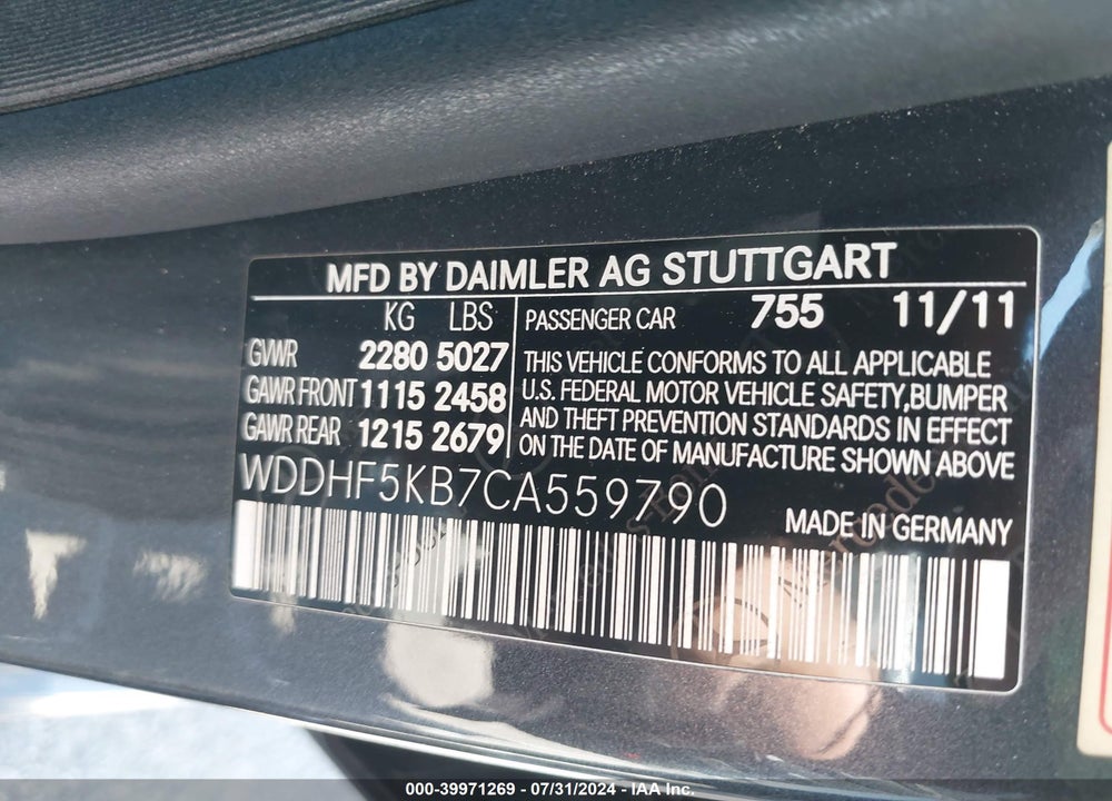 2012 MERCEDES-BENZ E 350 VIN: WDDHF5KB7CA559790
