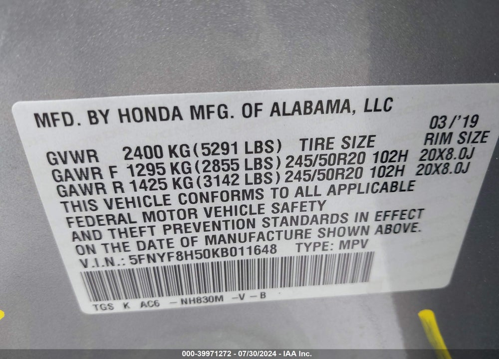 2019 HONDA PASSPORT EX-L VIN: 5FNYF8H50KB011648