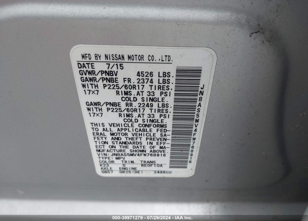 2015 NISSAN ROGUE SELECT S VIN: JN8AS5MV4FW768916