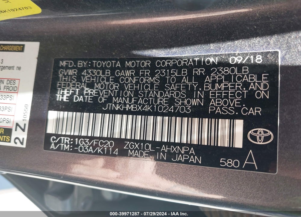 2019 TOYOTA C-HR LE VIN: JTNKHMBX4K1024703