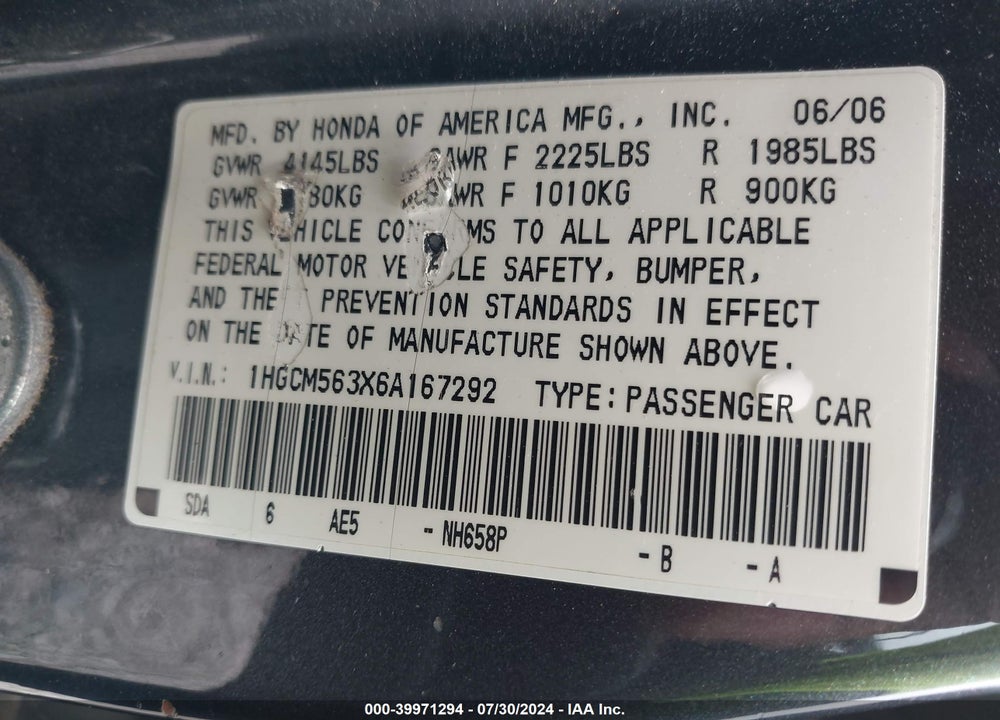 2006 HONDA ACCORD 2.4 SE VIN: 1HGCM563X6A167292