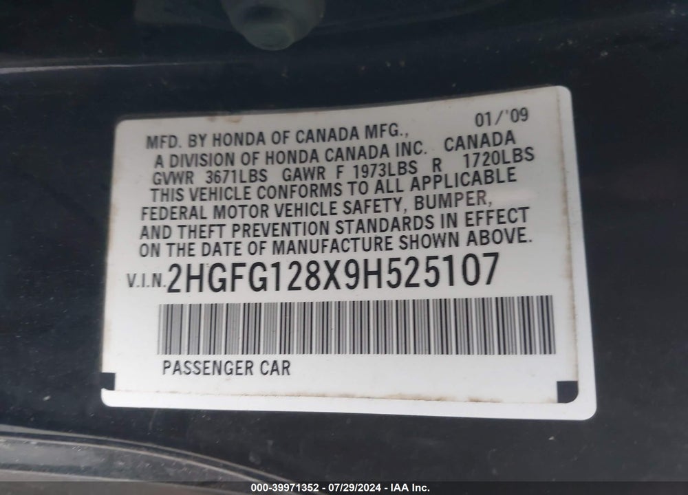 2009 HONDA CIVIC VIN: 2HGFG128X9H525107