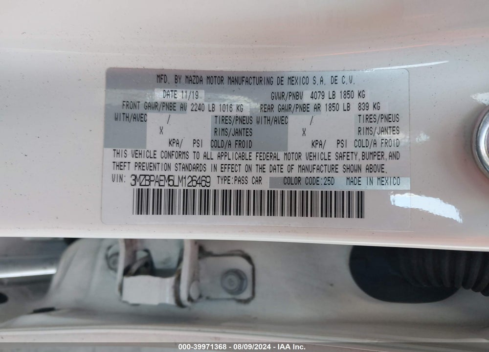 2020 MAZDA 3 PREMIUM PACKAGE VIN: 3MZBPAEM5LM126469