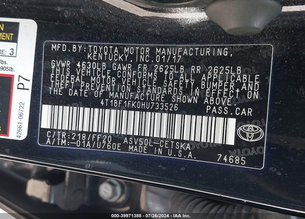 2017 TOYOTA CAMRY SE VIN: 4T1BF1FK0HU733526