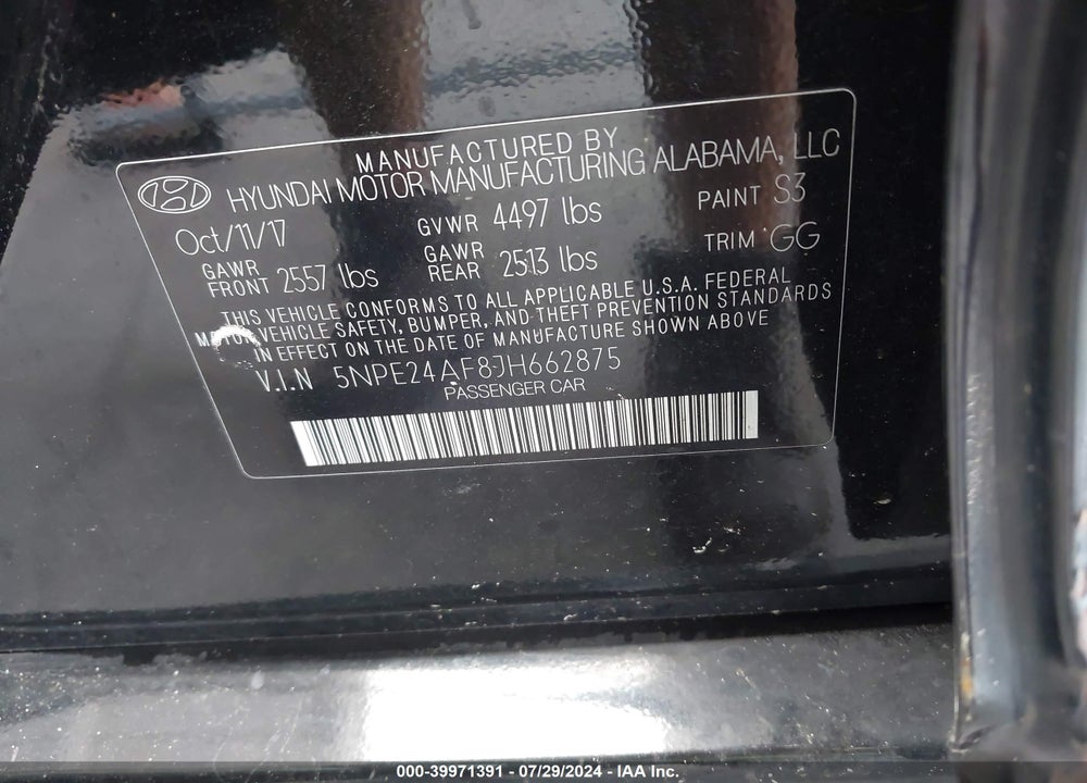 2018 HYUNDAI SONATA SE VIN: 5NPE24AF8JH662875