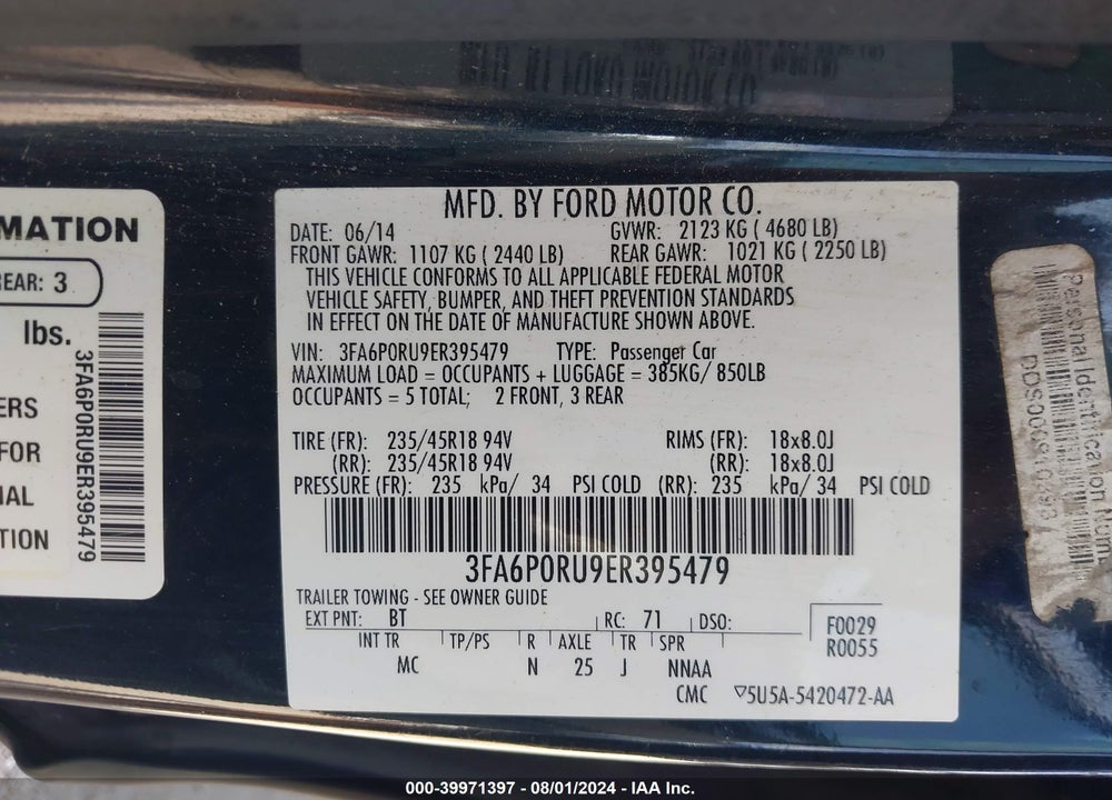 2014 FORD FUSION HYBRID TITANIUM VIN: 3FA6P0RU9ER395479