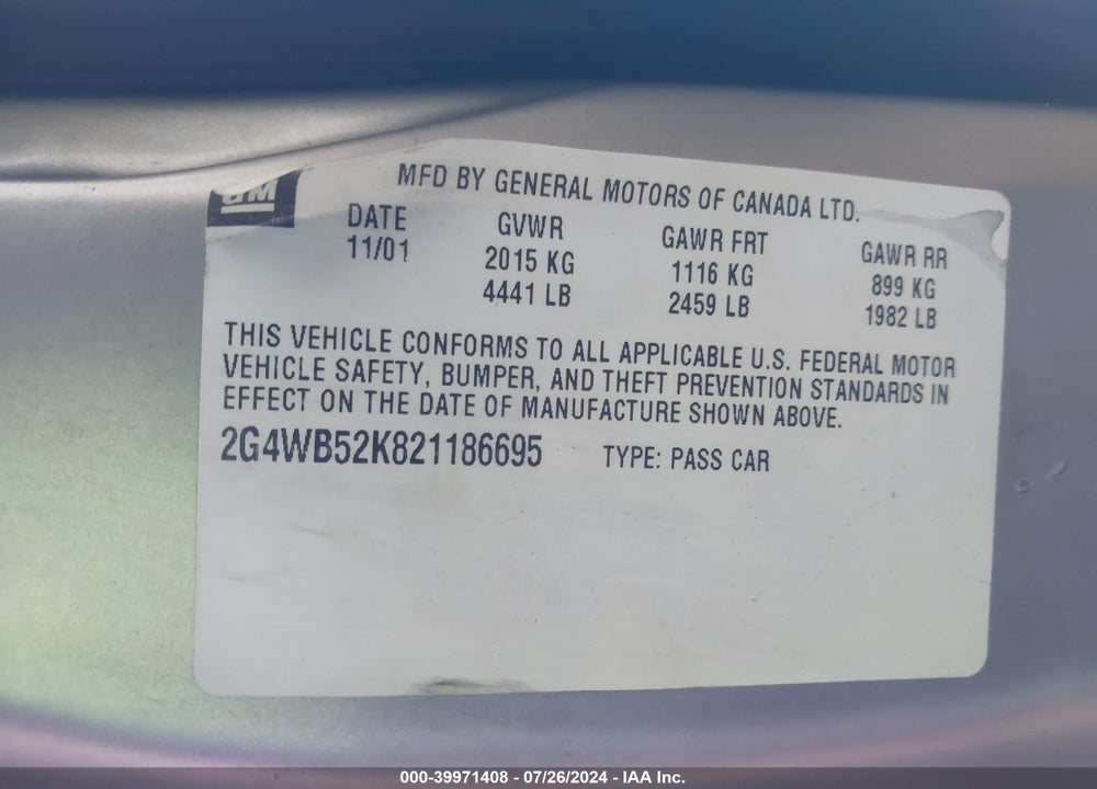 2002 BUICK REGAL LS VIN: 2G4WB52K821186695