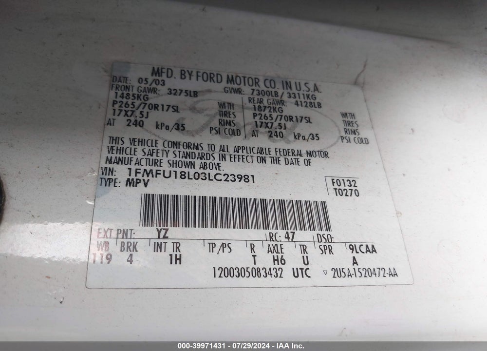 2003 FORD EXPEDITION EDDIE BAUER VIN: 1FMFU18L03LC23981