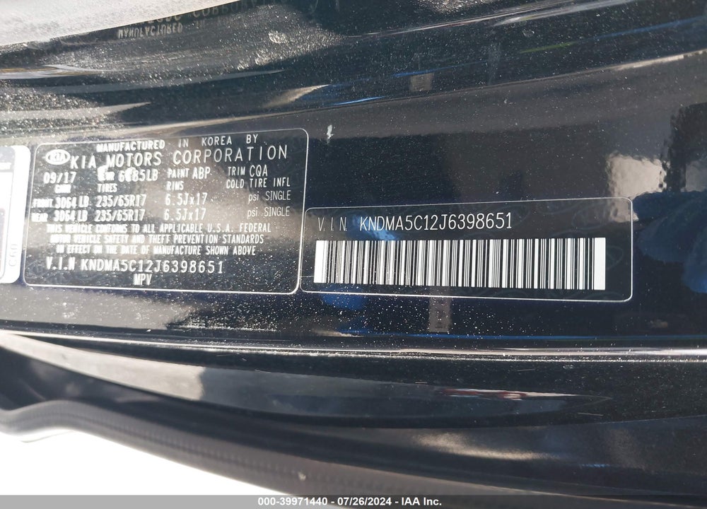 2018 KIA SEDONA L VIN: KNDMA5C12J6398651