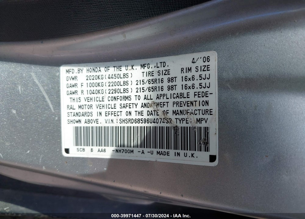 2006 HONDA CR-V LX VIN: SHSRD68596U407462