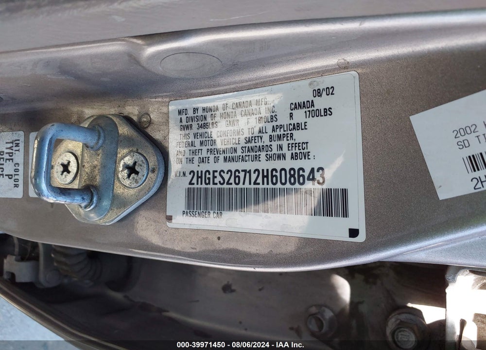 2002 HONDA CIVIC EX VIN: 2HGES26712H608643