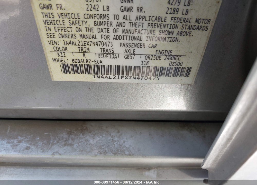 2007 NISSAN ALTIMA 2.5 S VIN: 1N4AL21EX7N470475