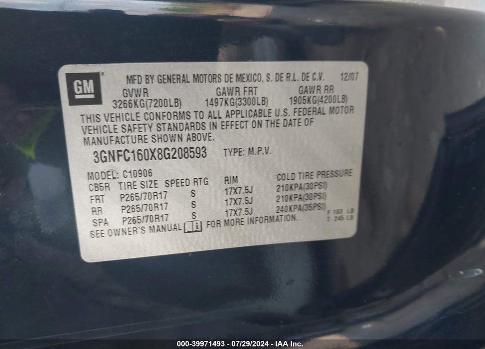 2008 CHEVROLET SUBURBAN 1500 LT VIN: 3GNFC160X8G208593