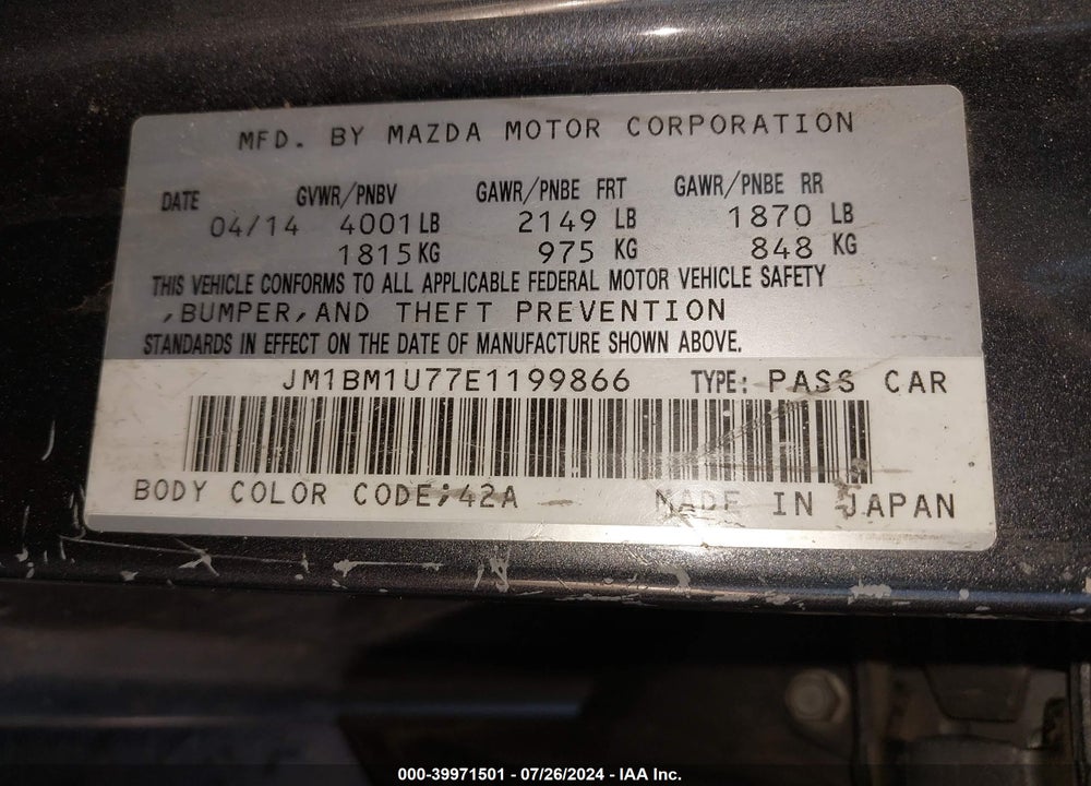 2014 MAZDA 3 I SPORT VIN: JM1BM1U77E1199866
