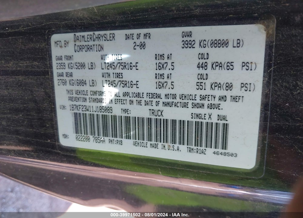 2001 DODGE RAM 2500 ST VIN: 1B7KF23W11J185089
