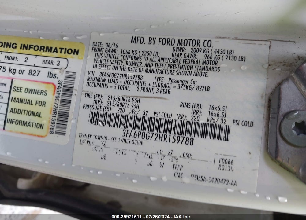 2017 FORD FUSION S VIN: 3FA6P0G72HR159788