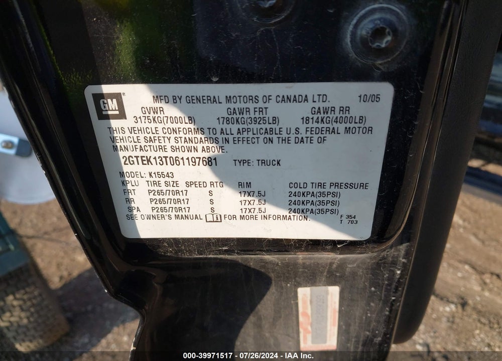 2006 GMC SIERRA 1500 SLE1 VIN: 2GTEK13T061197681