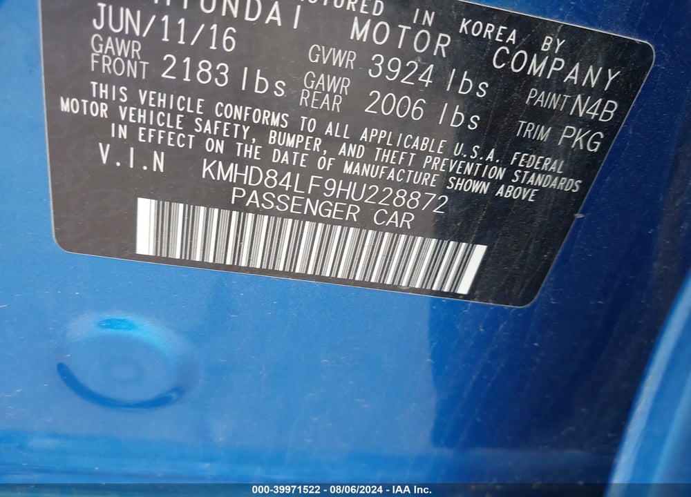 2017 HYUNDAI ELANTRA SE VIN: KMHD84LF9HU228872