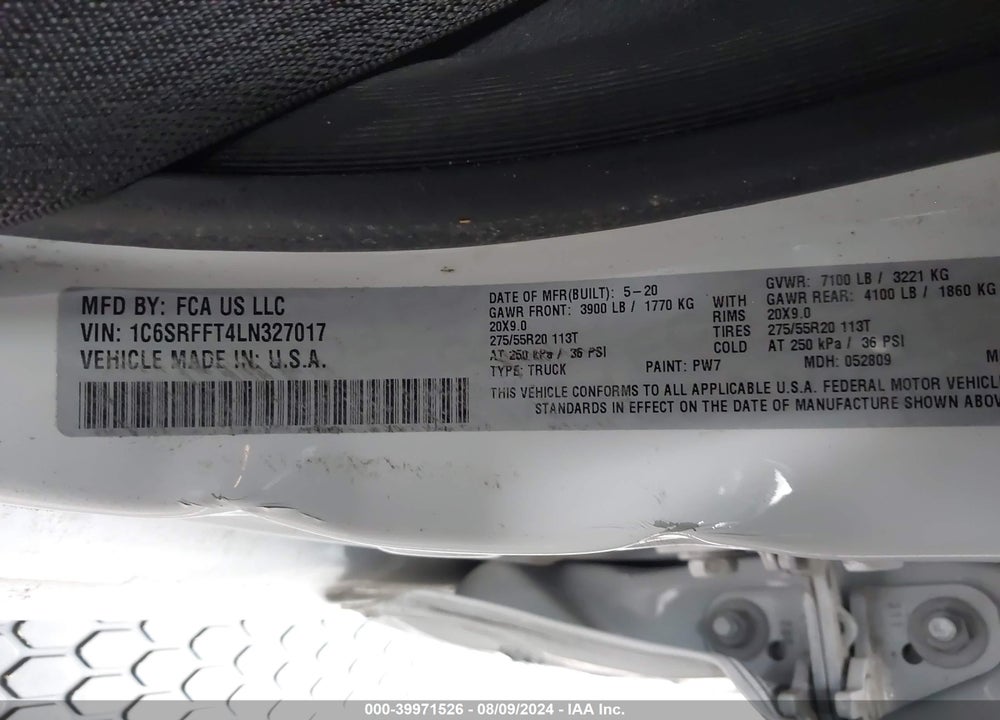 2020 RAM 1500 BIG HORN 4X4 5'7 BOX VIN: 1C6SRFFT4LN327017