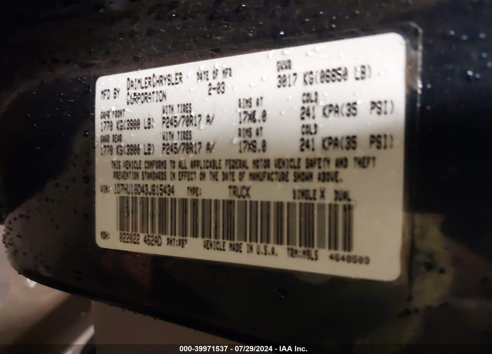 2003 DODGE RAM 1500 SLT/LARAMIE/ST VIN: 1D7HU18D43J615434