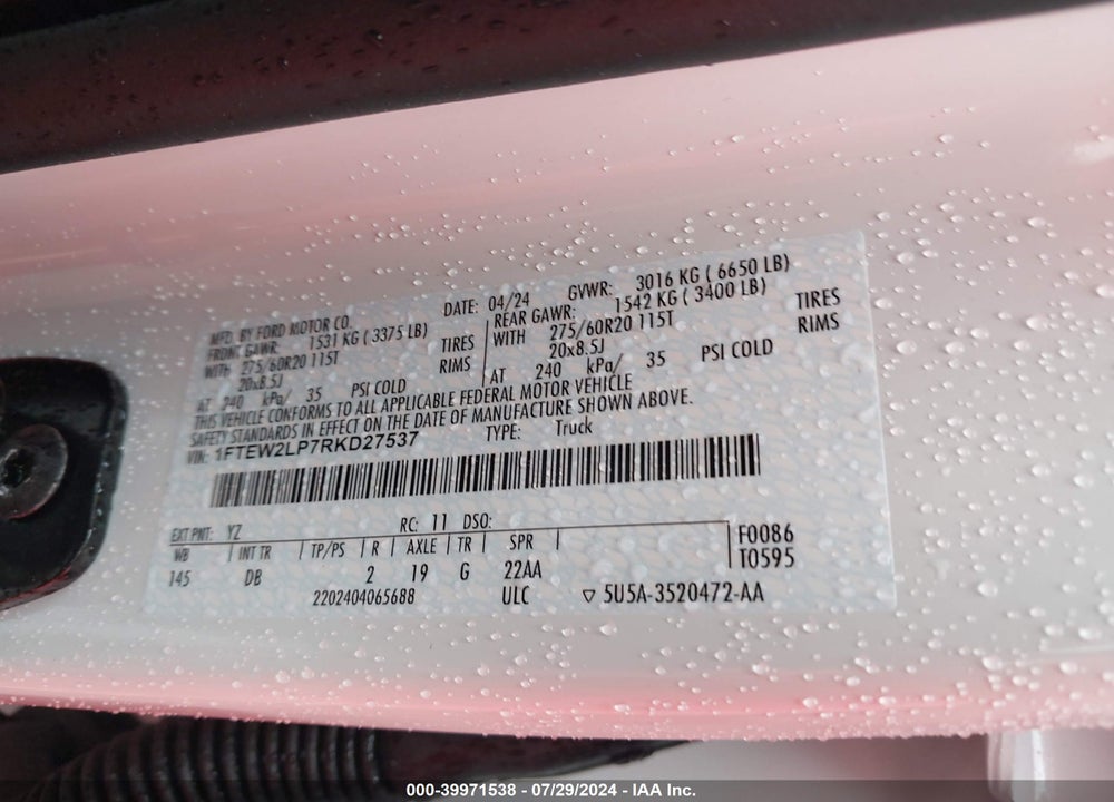 2024 FORD F-150 STX VIN: 1FTEW2LP7RKD27537